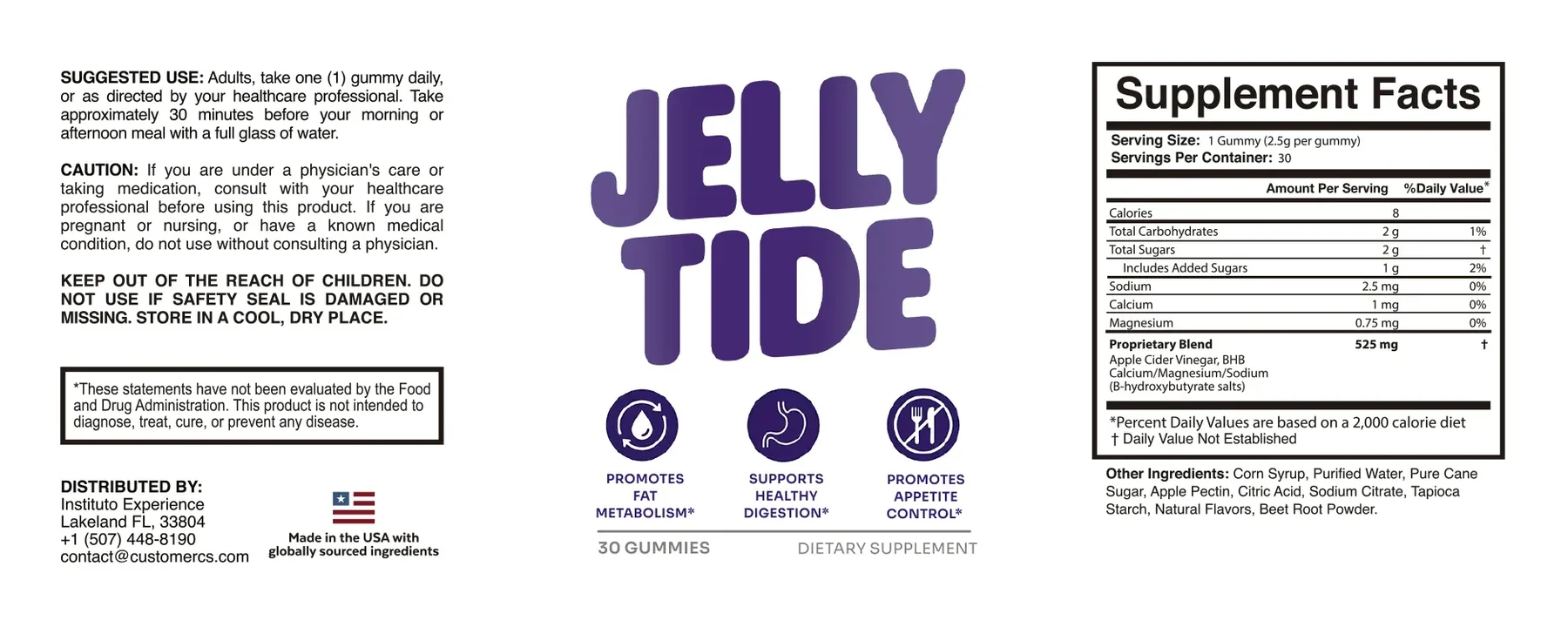 JellyTide Supplement Facts panel: 525 mg proprietary blend of apple cider vinegar and BHB calcium, magnesium and sodium salts